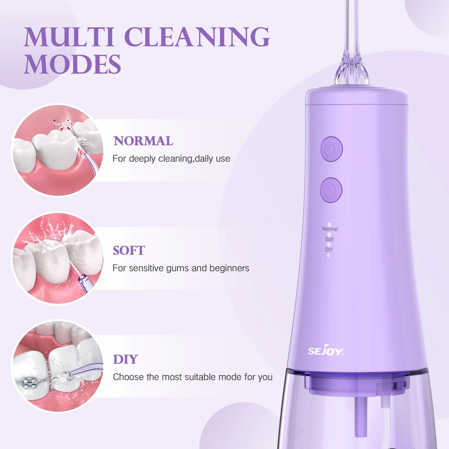 Cordless Water Flosser, Dental Oral Irrigator, 350Ml Tank, IPX7 Waterproof, Portable Rechargeable Teeth Cleaner for Home and Travel, Purple