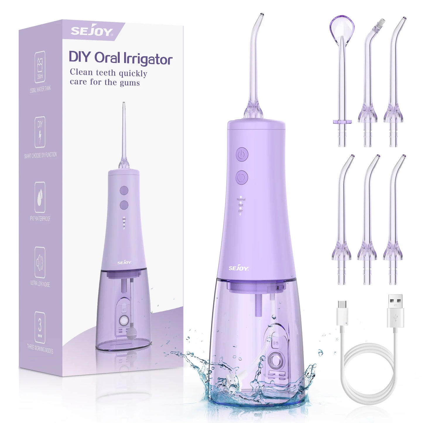 Cordless Water Flosser, Dental Oral Irrigator, 350Ml Tank, IPX7 Waterproof, Portable Rechargeable Teeth Cleaner for Home and Travel, Purple