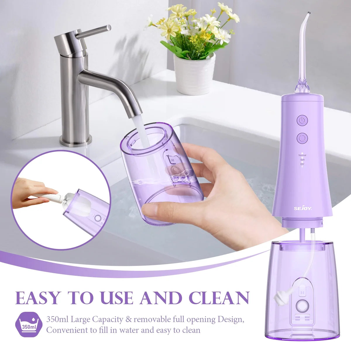 Cordless Water Flosser, Dental Oral Irrigator, 350Ml Tank, IPX7 Waterproof, Portable Rechargeable Teeth Cleaner for Home and Travel, Purple