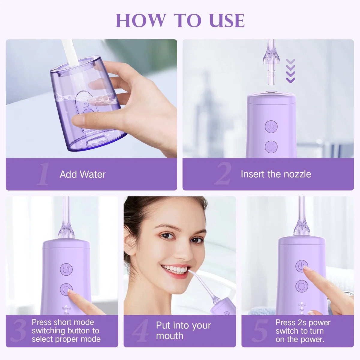 Cordless Water Flosser, Dental Oral Irrigator, 350Ml Tank, IPX7 Waterproof, Portable Rechargeable Teeth Cleaner for Home and Travel, Purple