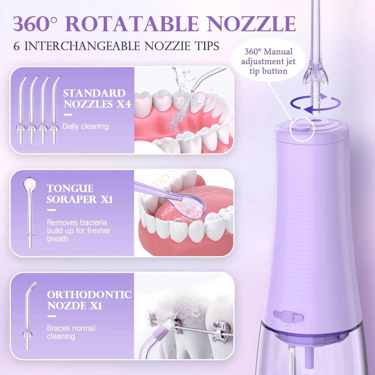 Cordless Water Flosser, Dental Oral Irrigator, 350Ml Tank, IPX7 Waterproof, Portable Rechargeable Teeth Cleaner for Home and Travel, Purple