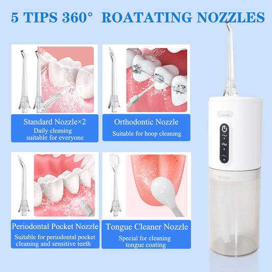 Water Flosser for Teeth Portable Electric Cordless Water Dental Flosser with 5 Jet Tips Rechargeable Oral Irrigator 3 Modes with 280Ml Water Tank Waterflosser Flossing Machine for Teeth