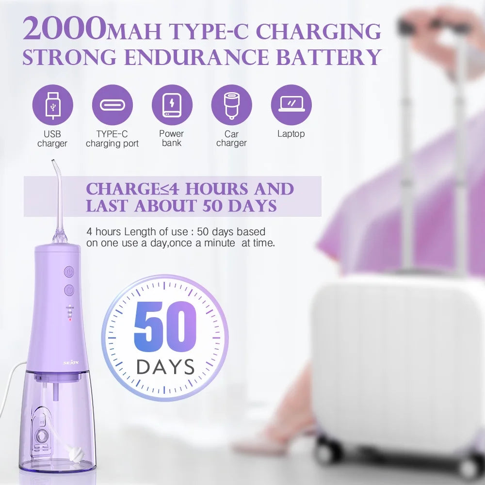 Cordless Water Flosser, Dental Oral Irrigator, 350Ml Tank, IPX7 Waterproof, Portable Rechargeable Teeth Cleaner for Home and Travel, Purple